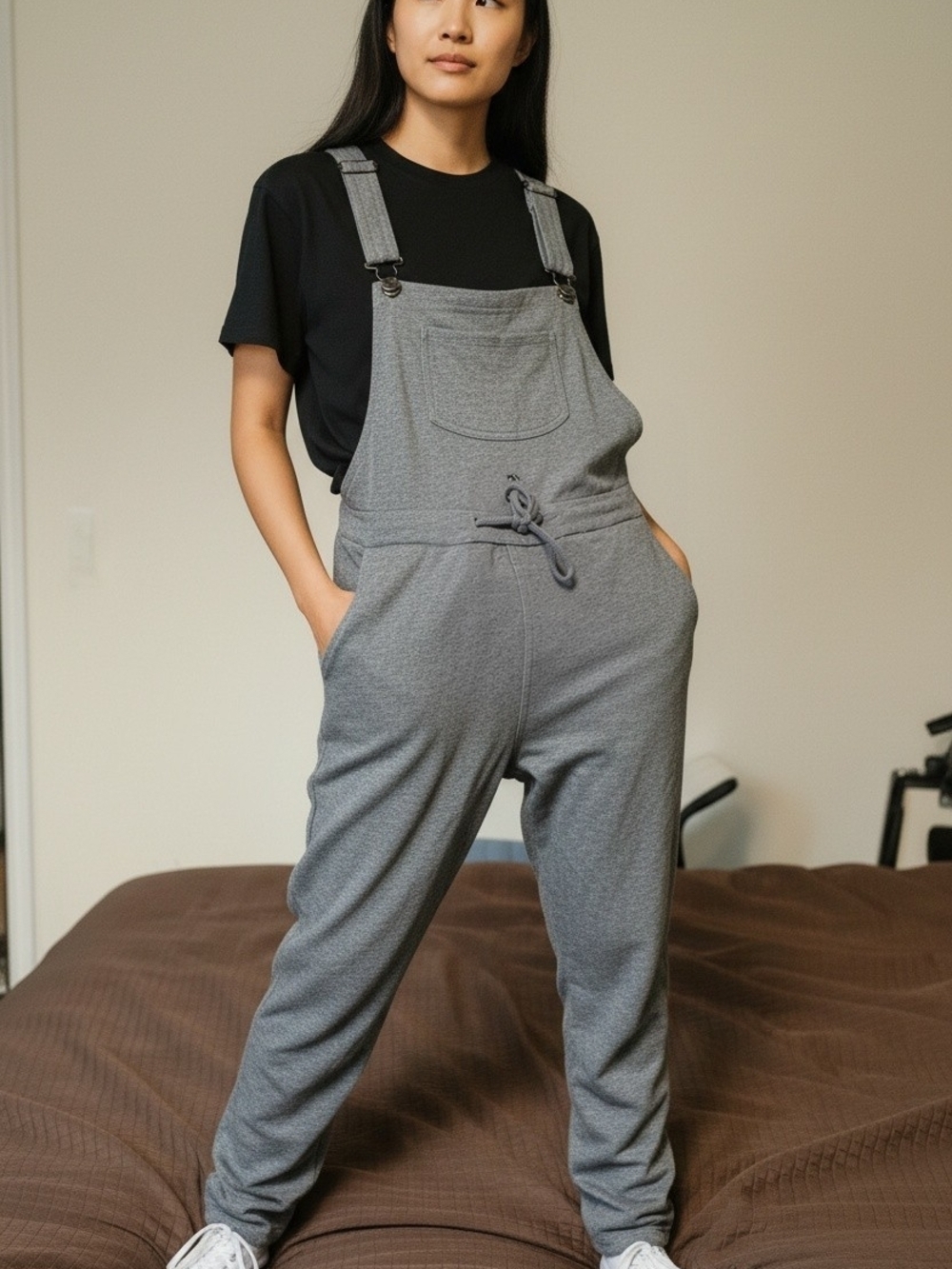 Rewash Women’s Gray Knit Overalls Jumpsuit Drawstring Waist Relaxed Casual - Picture 9 of 9